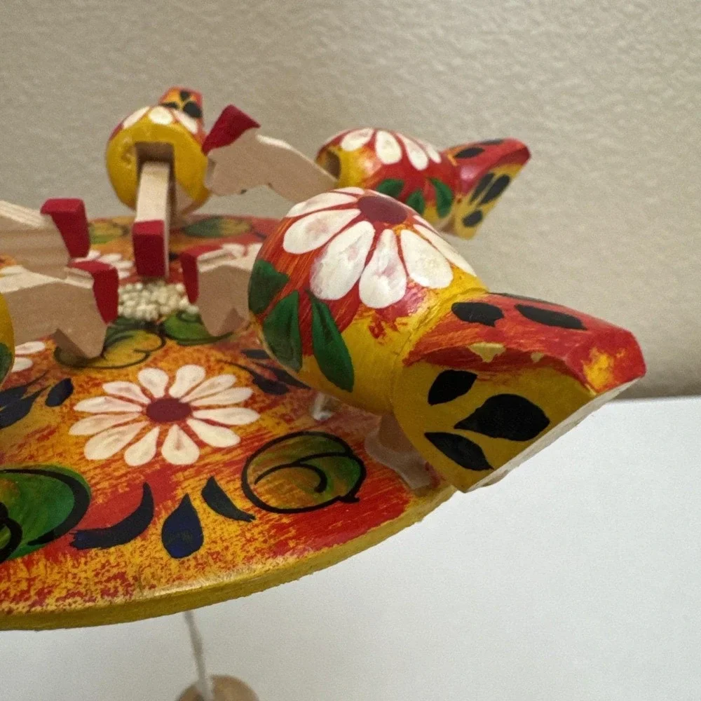 Vtg Wooden Russian Folk Art Pecking Chickens Moveable Toy Hand Carved